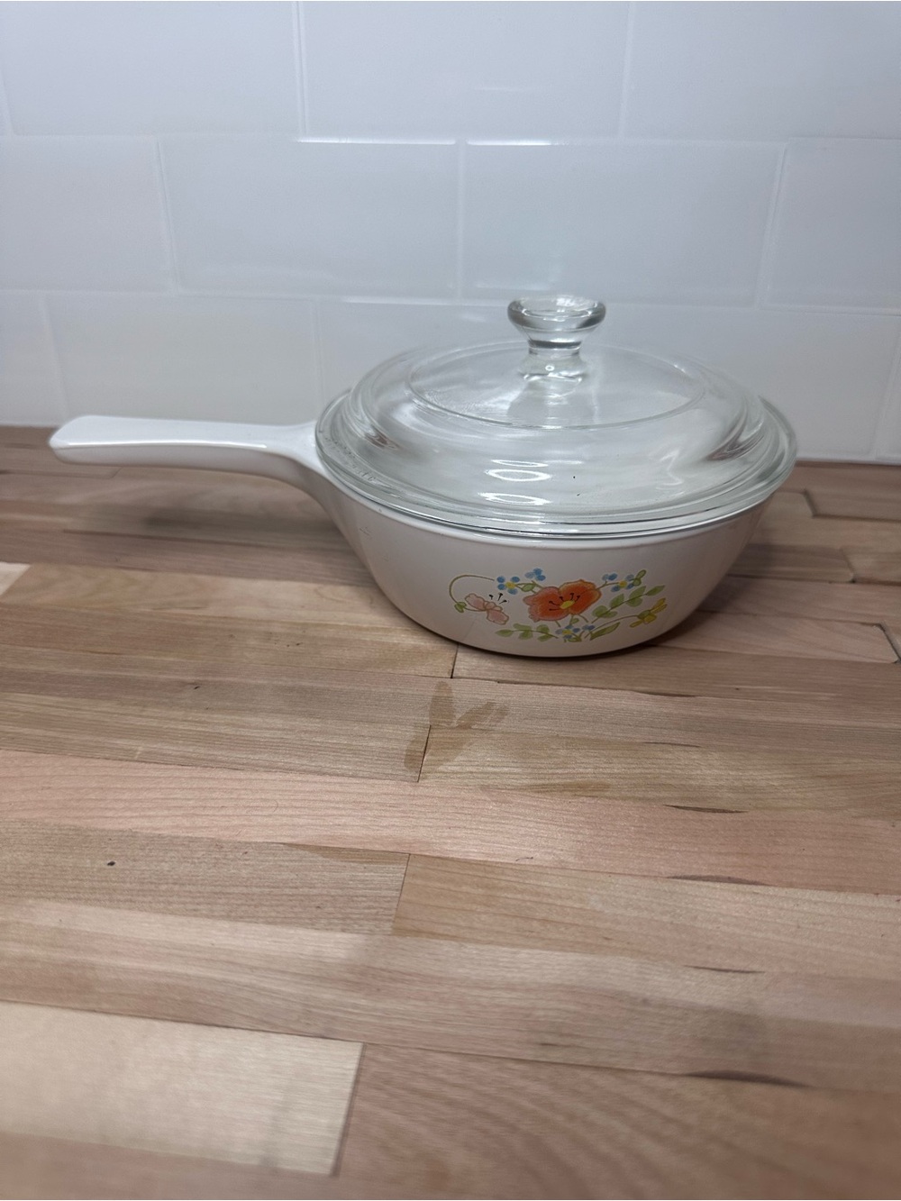 Corningware White Ceramic Saucepan with Floral Accent (Wildflower) and Glass Lid